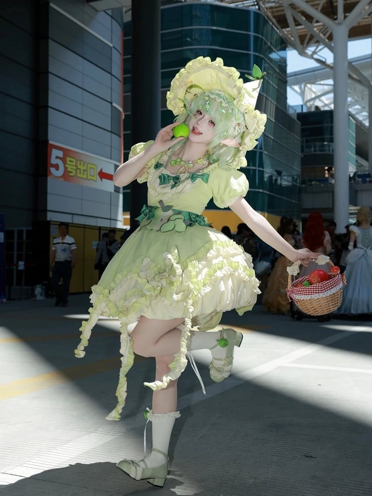 Green Ruffled Sweet Lolita Fluffy OP Dress Full Set | CoyBunny