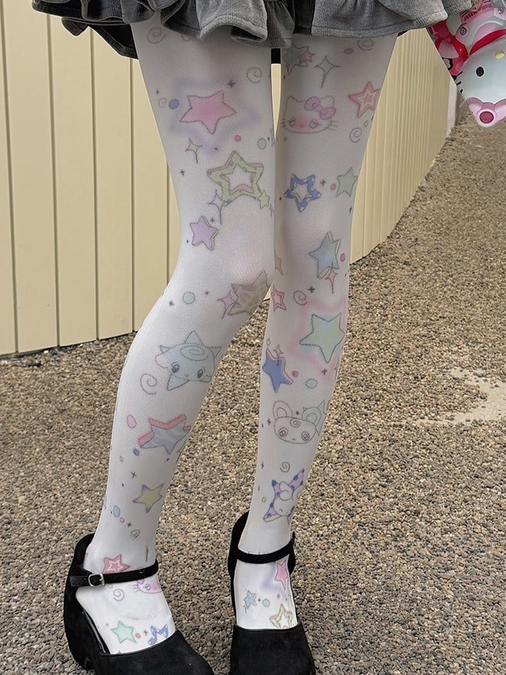 White Sweet Star Print Tights - Kawaii Cute Legwear | CoyBunny