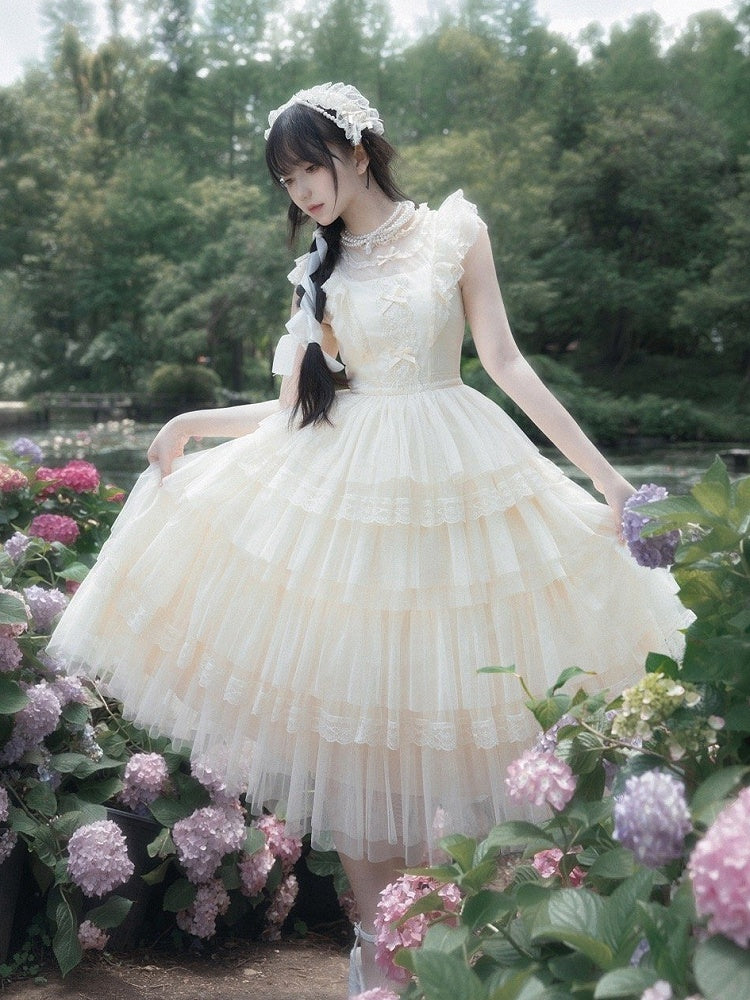 Beige Flutter Sleeve Ruffle Round Neck Tulle Tiered Skirt Lolita OP - With PUJI | CoyBunny