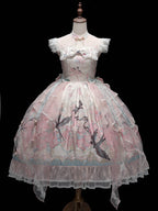 Pink Lace Qipao Collar Chinoiserie Lolita OP Dress with Swallow and Peach Blossom Print - Dream Magic Box | CoyBunny