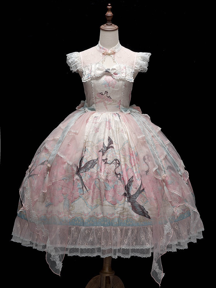 Pink Lace Qipao Collar Chinoiserie Lolita OP Dress with Swallow and Peach Blossom Print - Dream Magic Box | CoyBunny