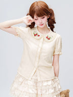 Cream Short Sleeve Lolita Blouse with Red Strawberry Embroidery Collar - Dream Magic Box | CoyBunny