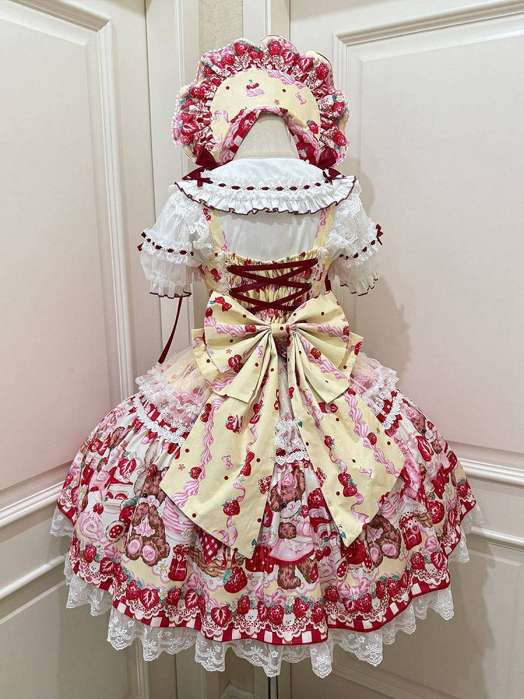 Teddy and Strawberry Print Yellow Sweet Lolita JSK Dress with Lace Trims and Bow Accents - Miss Han | CoyBunny