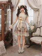 Green Cat Print Square Neckline Sweet Lolita JSK Dress with Plush Cat Patch - NyaNya | CoyBunny