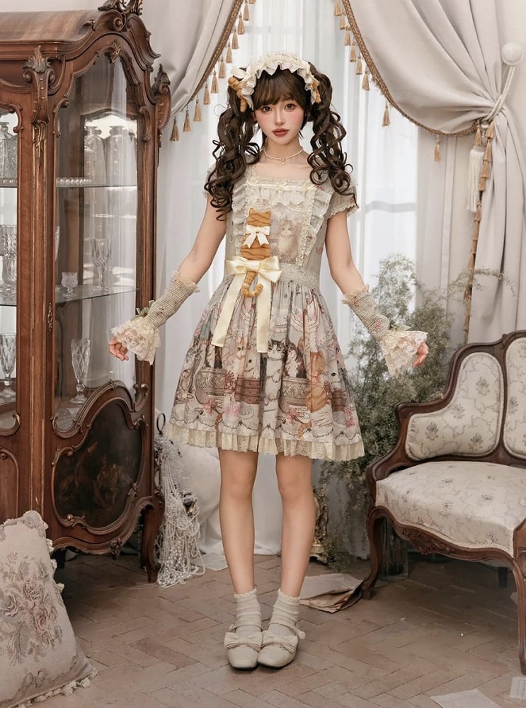 Green Cat Print Square Neckline Sweet Lolita JSK Dress with Plush Cat Patch - NyaNya | CoyBunny