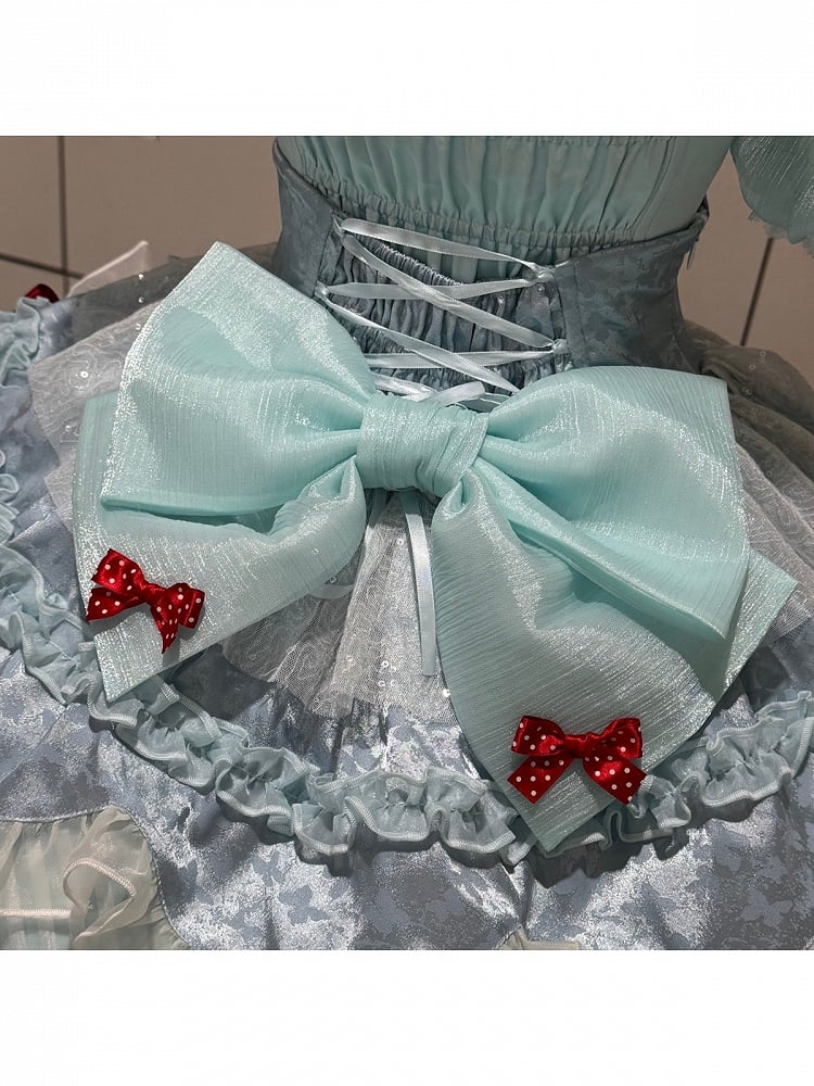 Mint Blue Idol Lolita Top with Flutter Sleeves & High Waist Bubble Skirt Set - Xiao Xin | CoyBunny