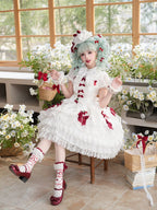 White Strawberry Princess Layered Ruffle Dress Sweet Lolita Jumper Skirt with Detachable Puff | CoyBunny