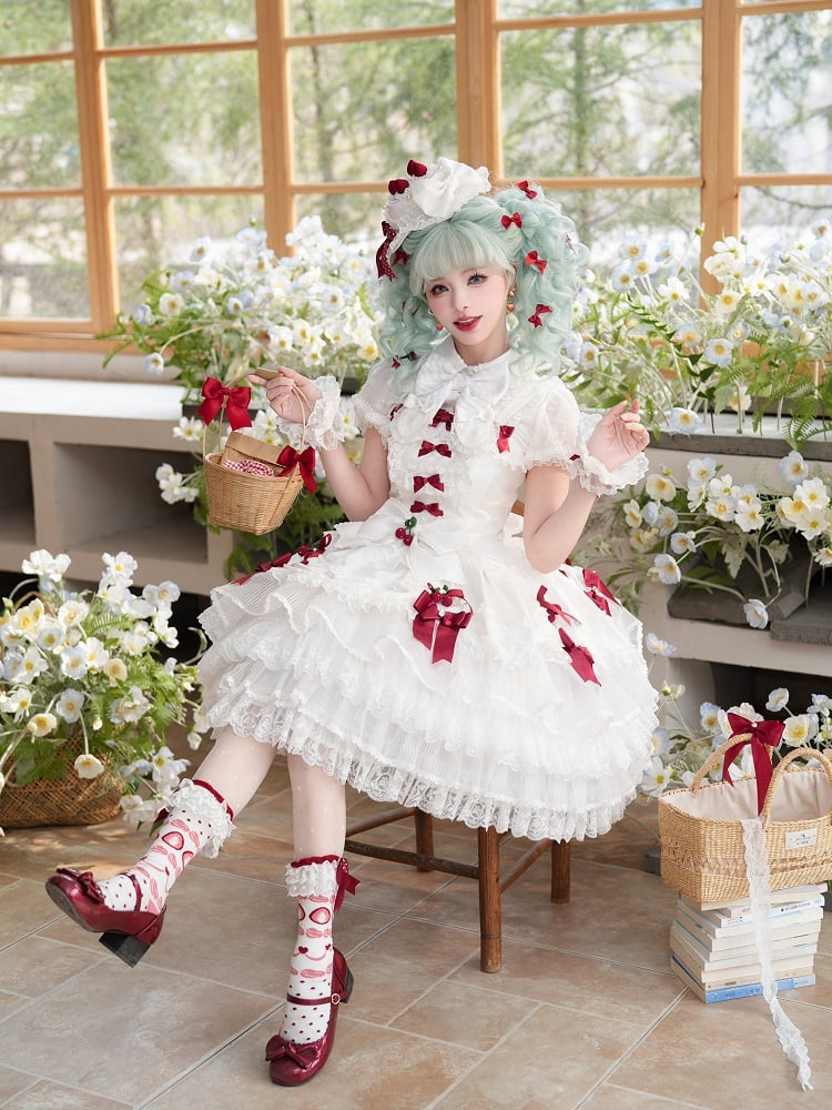 White Strawberry Princess Layered Ruffle Dress Sweet Lolita Jumper Skirt with Detachable Puff | CoyBunny