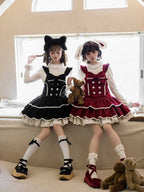 Sweet Winter Lolita Tiered Overall Dress in Red with Bunny Ear Hairband - With PUJI | CoyBunny