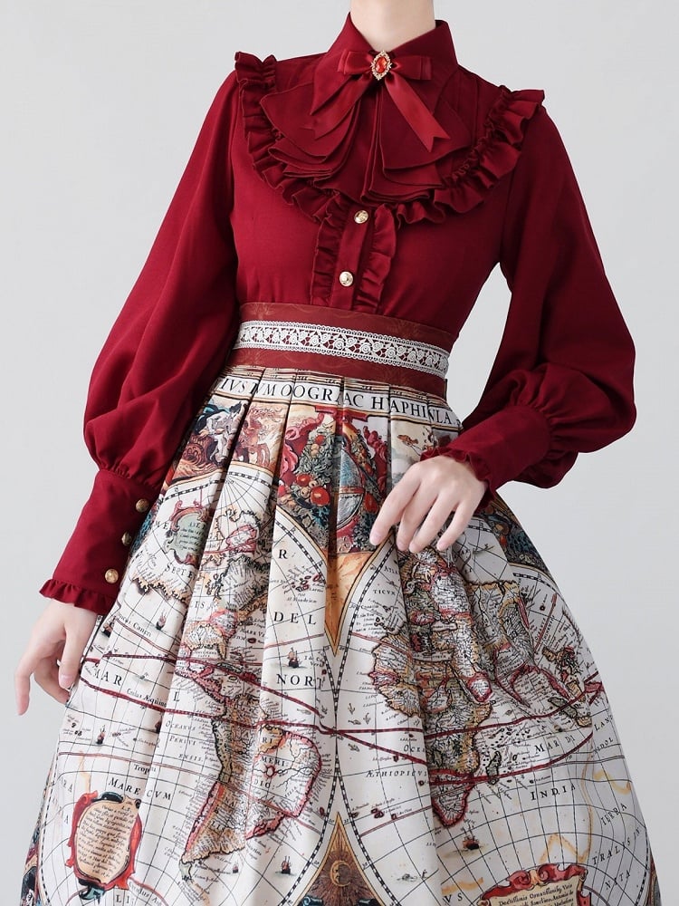 Wine Red Vintage Flounce Hem Elegant Lolita Blouse with Puff Sleeves | CoyBunny