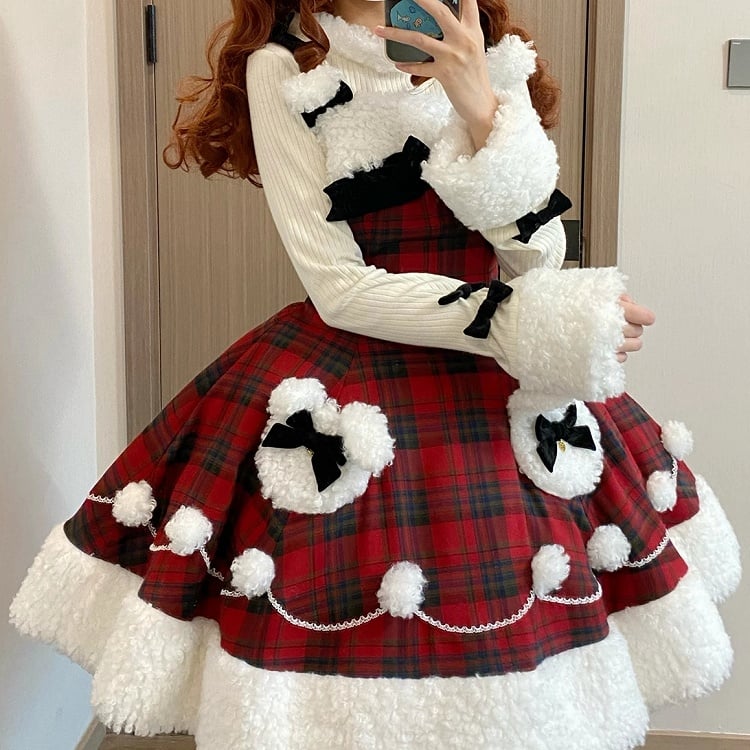Red Plaid Pattern Winter Bunny Theme Christmas Lolita Dress Plush Neckline and Hemline | CoyBunny