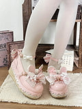 Pink Bowknot Heart Lace Trim Lolita Shoes with Rabbit Detail - Cheese Mango | CoyBunny