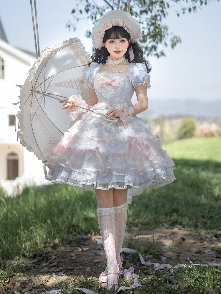 Short Sweet Lolita Princess and Details Bows Pink Blue Striped Dress Bead Sleeves - Mademoiselle | CoyBunny