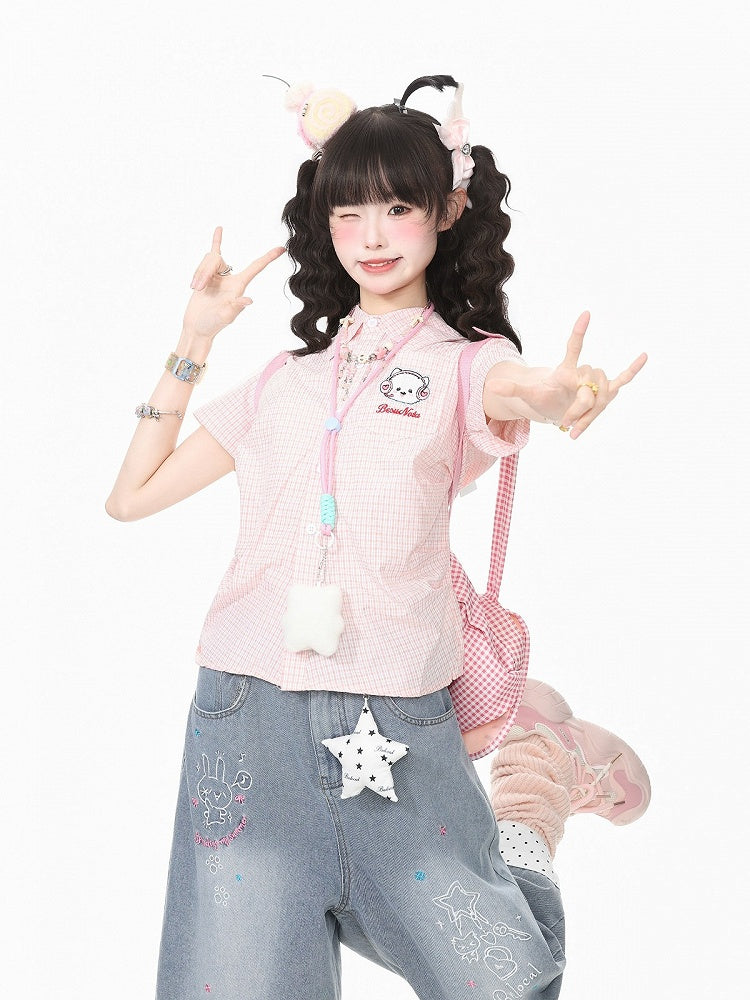 Pink Gingham Polo Short Sleeve Fitted Shirt Embroidery | CoyBunny