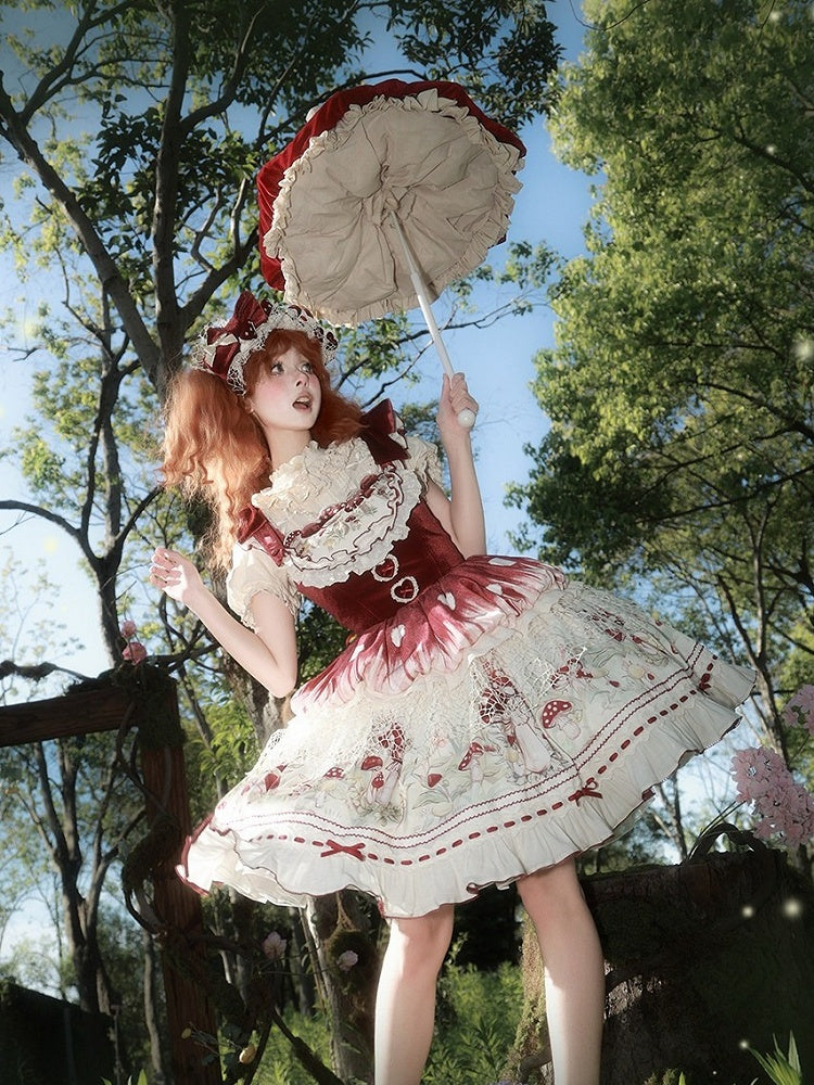 Red Velvet Mushroom Print JSK Dress with Heart Accent - Honey Machine | CoyBunny
