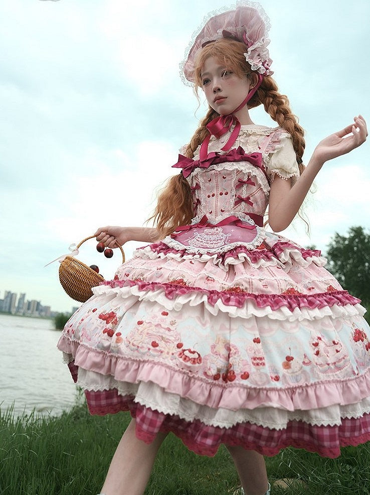 Pink Cherry Cake Print Sweet Lolita Dress with Layered Ruffles - Strawberry Fantasy | CoyBunny