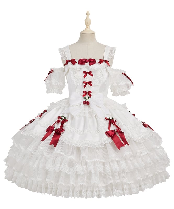 White Strawberry Princess Layered Ruffle Dress Sweet Lolita Jumper Skirt with Detachable Puff | CoyBunny