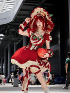 Red Ruffled Sweet Lolita Fluffy OP Dress Full Set | CoyBunny