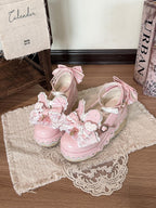 Pink Bowknot Heart Lace Trim Lolita Shoes with Rabbit Detail - Cheese Mango | CoyBunny
