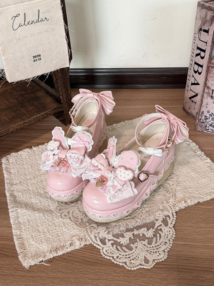 Pink Bowknot Heart Lace Trim Lolita Shoes with Rabbit Detail - Cheese Mango | CoyBunny