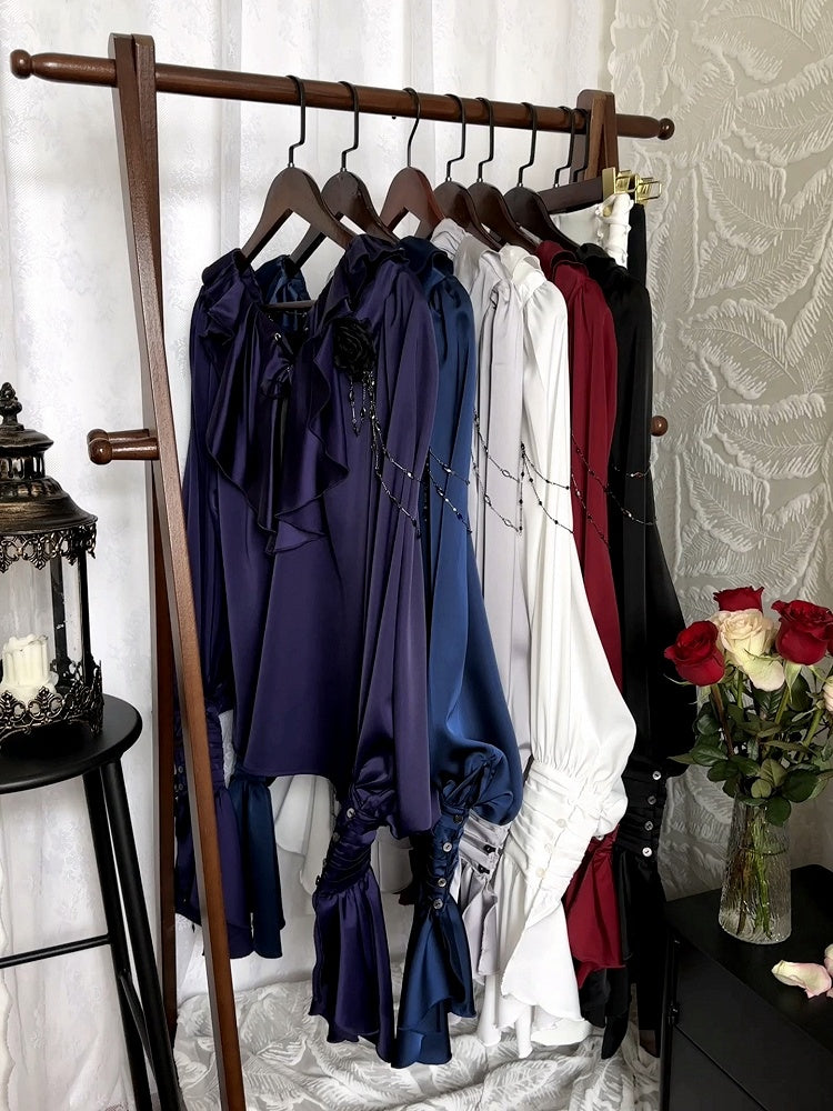 Lilac Lace-Up Ruffle Shirt with Black Flower Chains - Shi Zhi Mao | CoyBunny