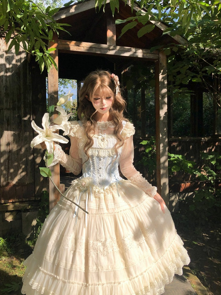 Princess Top & Skirt Set with Lace, Floral, Blue & White Sweet Lolita - Twilight Flower Letter | CoyBunny