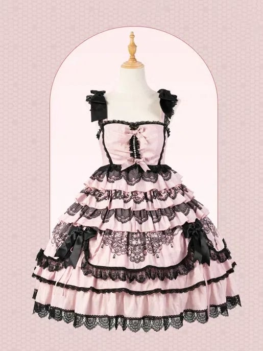 Black Pink High Waist Ruffled Lolita Jumper Skirt - Mademoiselle Pearl | CoyBunny