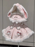 Pink White Bunny Ear Hooded Cape Faux Fur Sweet Lolita Dress - Sweet Dream Box | CoyBunny