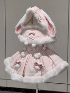 Pink White Bunny Ear Hooded Cape Faux Fur Sweet Lolita Dress - Sweet Dream Box | CoyBunny