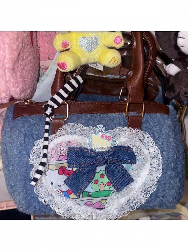 Retro Plush Crossbody Bag with Heart Lace Trim - Black Cherry Sauce | CoyBunny