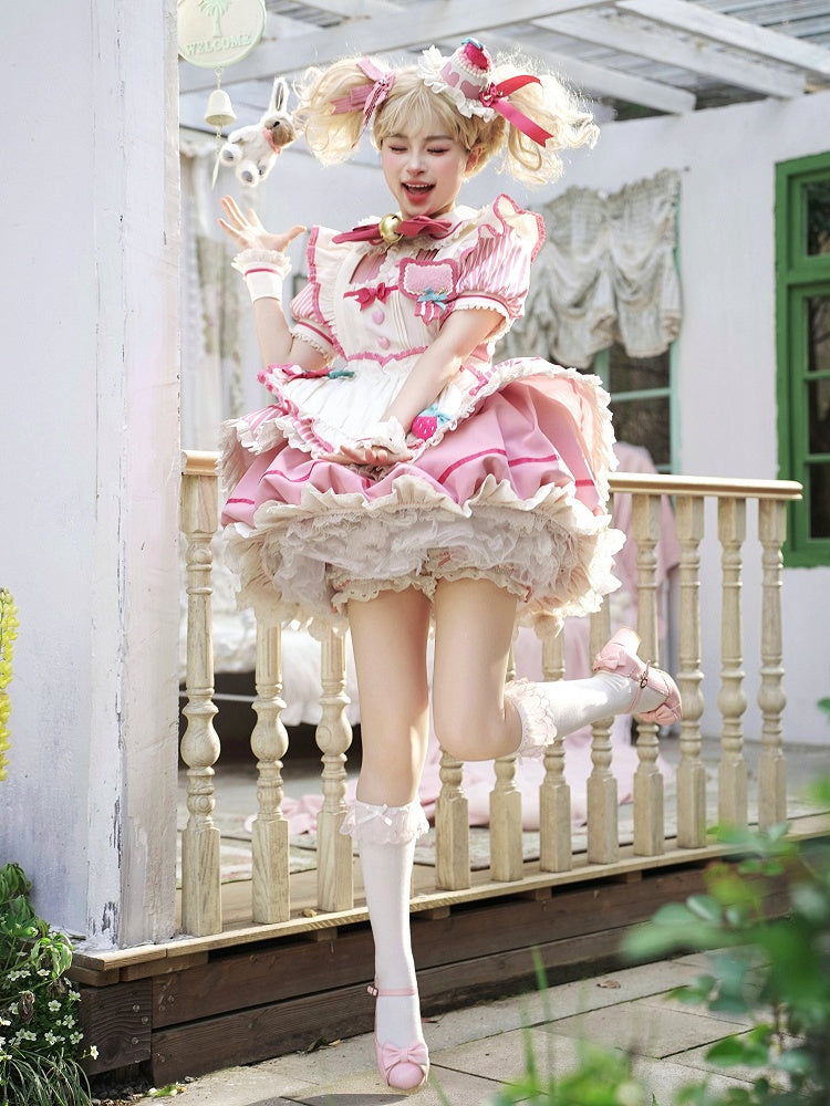 Strawberry Theme Sweet Lolita OP with Apron, Sakura Pink Striped Pattern - Sakurahime | CoyBunny