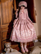 Pink Floral and Kitty Spring Long-Sleeve Pink House Style Sweet Lolita Dress | CoyBunny