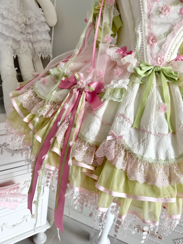 Sweet Lolita JSK Set with Floral Crown and Detachable Sleeves - Sweetheart Macaron Lolita | CoyBunny