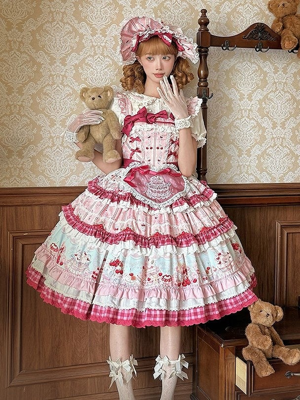 Pink Cherry Cake Print Sweet Lolita Dress with Layered Ruffles - Strawberry Fantasy | CoyBunny