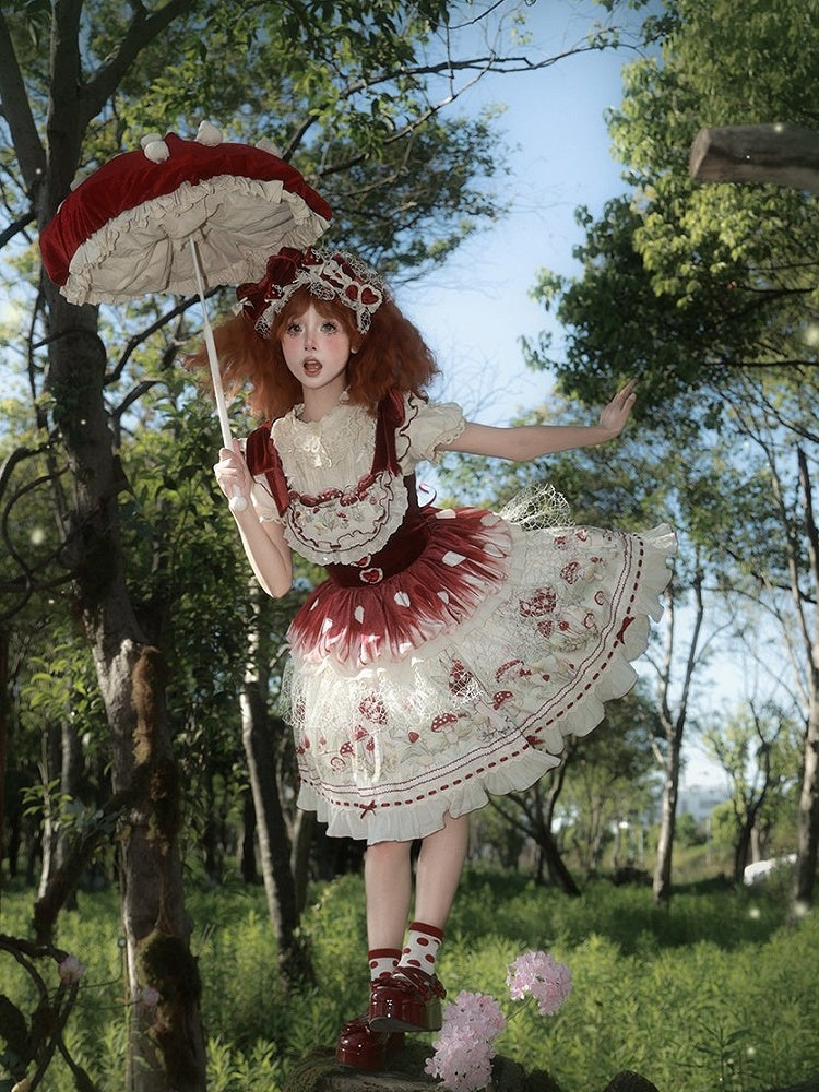 Red Velvet Mushroom Print JSK Dress with Heart Accent - Honey Machine | CoyBunny