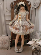 Green Cat Print Square Neckline Sweet Lolita JSK Dress with Plush Cat Patch - NyaNya | CoyBunny