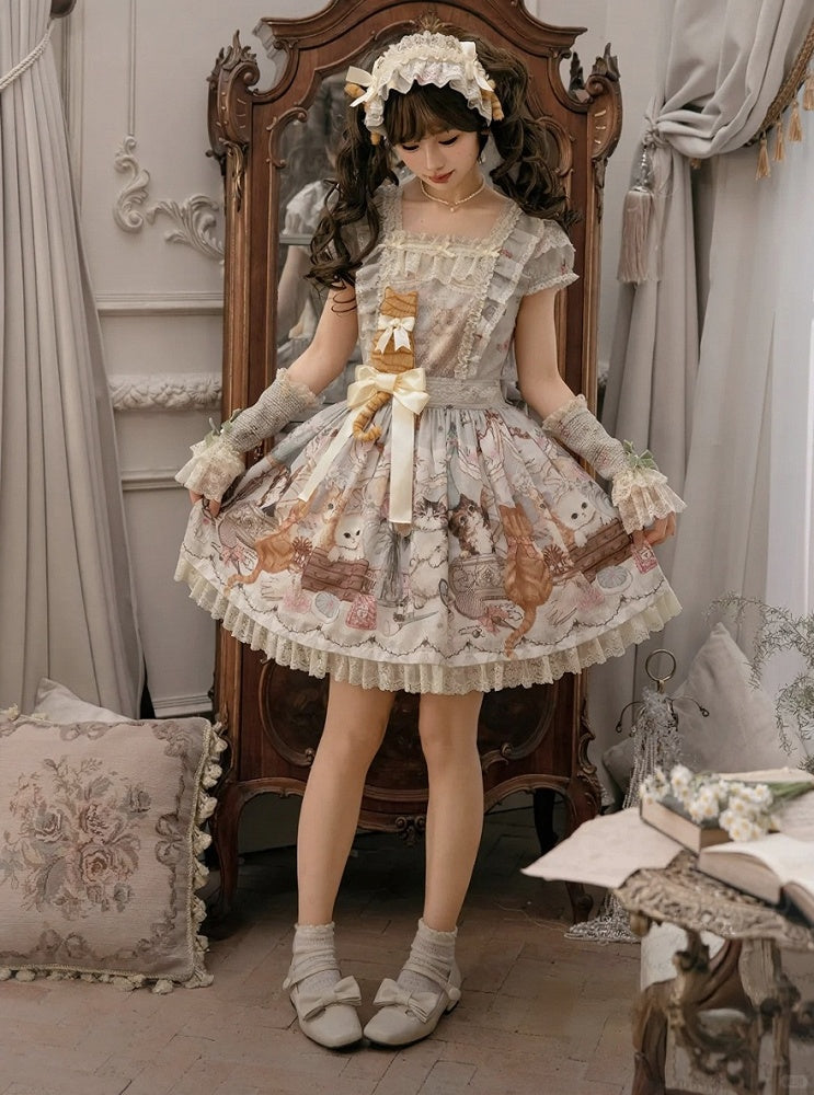 Green Cat Print Square Neckline Sweet Lolita JSK Dress with Plush Cat Patch - NyaNya | CoyBunny
