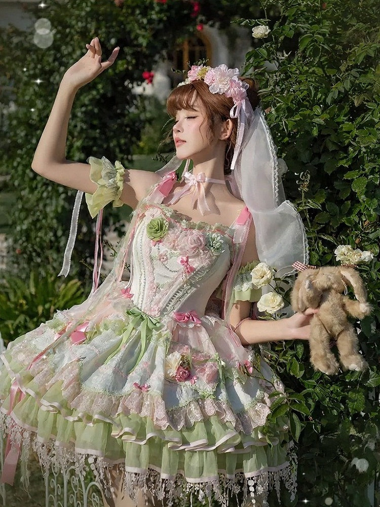 Sweet Lolita JSK Set with Floral Crown and Detachable Sleeves - Sweetheart Macaron Lolita | CoyBunny
