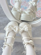 White Sweet Lolita Platform Shoes with Bow Accents | Jiang Jiang Little Cookies | CoyBunny