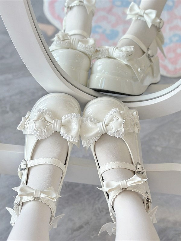 White Sweet Lolita Platform Shoes with Bow Accents | Jiang Jiang Little Cookies | CoyBunny