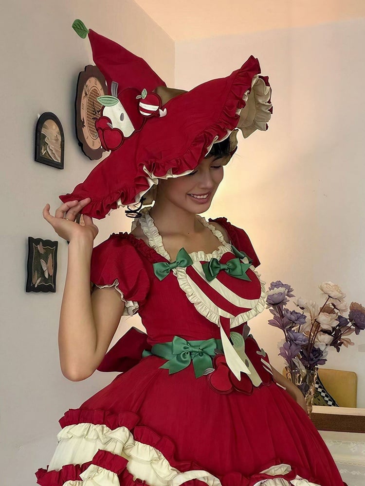 Red/Green Apple Lolita Witch Hat with Ruffled Trim | CoyBunny