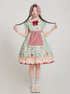 Mint Green High-Waisted Cherry and Dessert Print Sweet Lolita Gingham Dress | CoyBunny