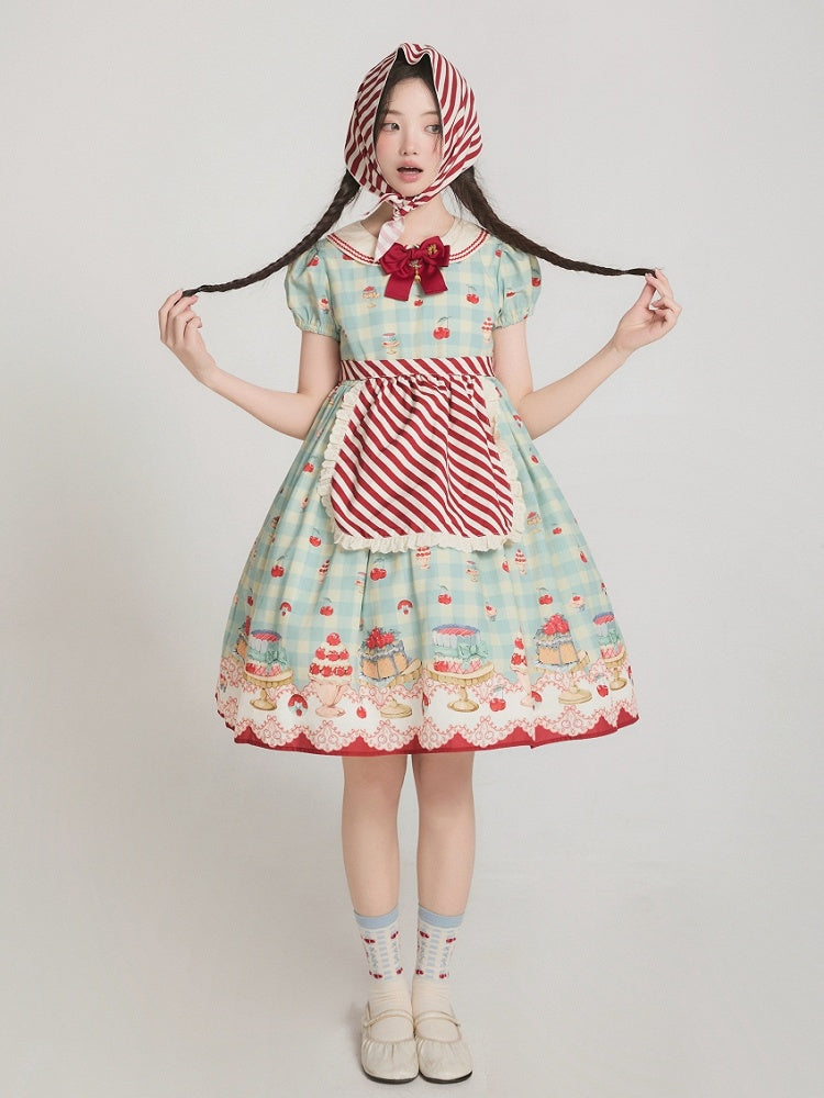 Mint Green High-Waisted Cherry and Dessert Print Sweet Lolita Gingham Dress | CoyBunny