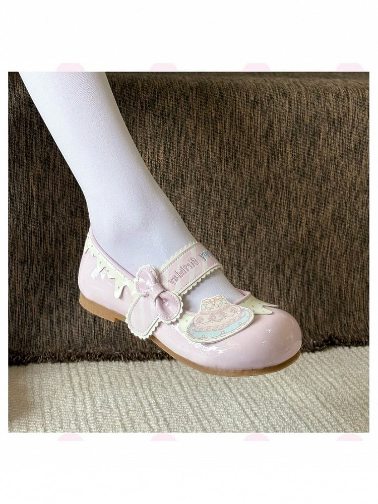 Pink Kawaii Polka Dot & Bowknot Flat Shoes with Happy Birthday Embroidery - Fairy Godmother | CoyBunny