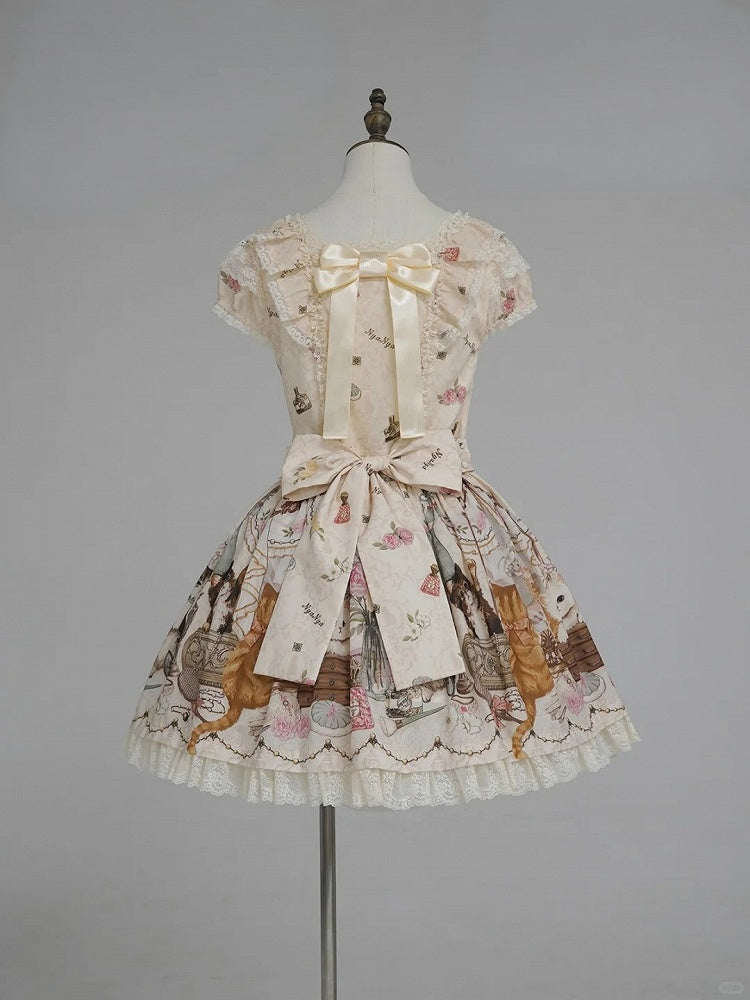 Beige Cat Print Square Neckline Sweet Lolita JSK Dress with Plush Cat Patch - NyaNya | CoyBunny