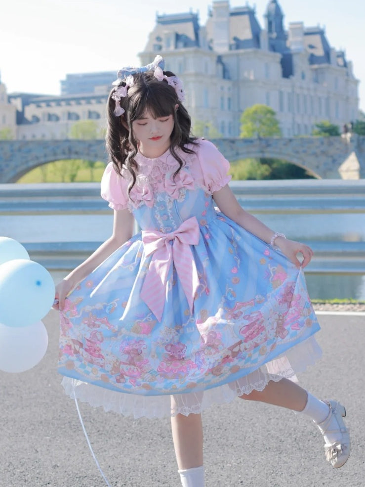 Neckline Design Bow Blue Ears Sweet Lolita Dress JSK Adorable Mouse Print Mouse Big - To Alice | CoyBunny