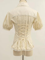 Beige Pleated Bodice Short Puff Sleeves Shirt | CoyBunny