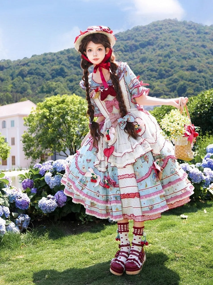 Blue Red Short Sleeve Ruffles Cottagecore Lolita OP Dress - DrunkCoco | CoyBunny