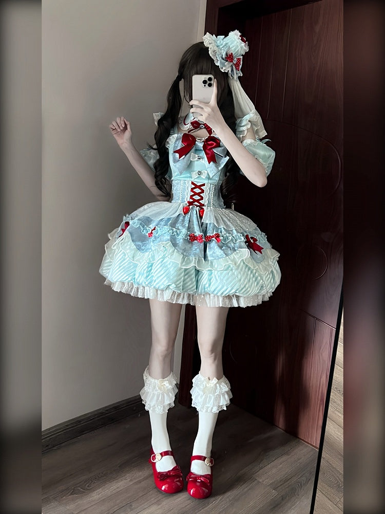 Mint Blue Idol Lolita Top with Flutter Sleeves & High Waist Bubble Skirt Set - Xiao Xin | CoyBunny