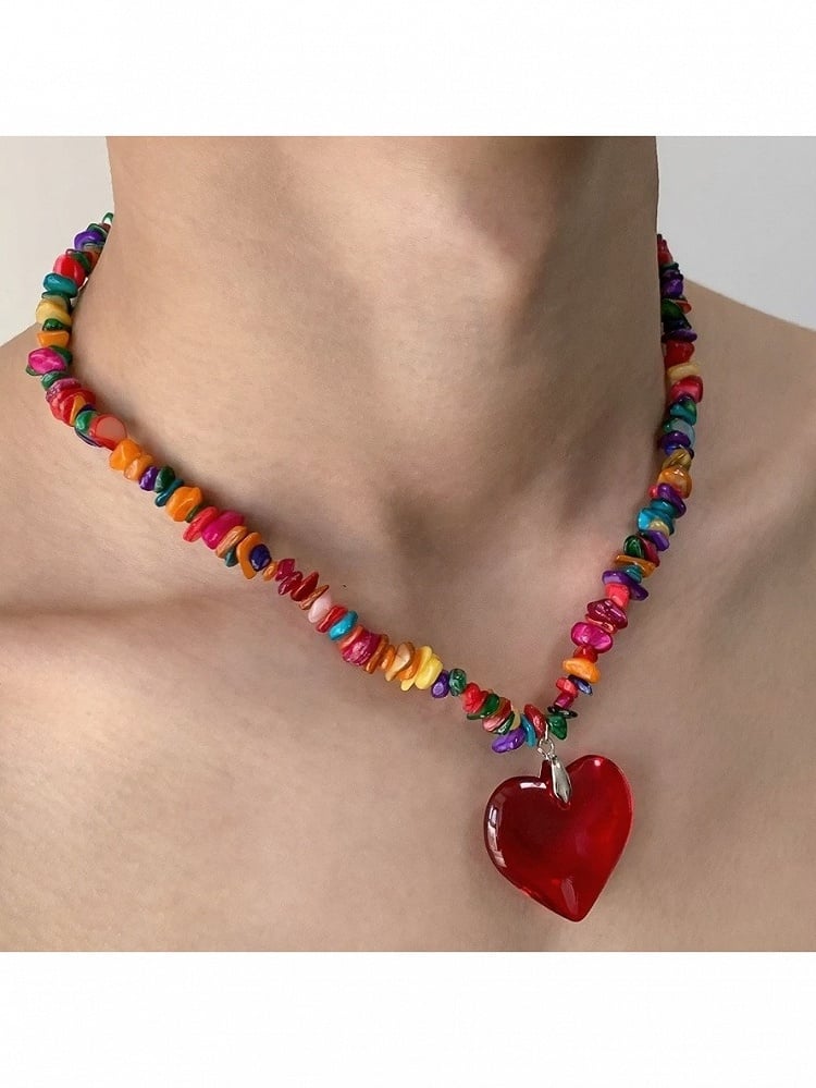 Y2K Multicolor Necklace with Red Heart Pendant - YSHXS | CoyBunny
